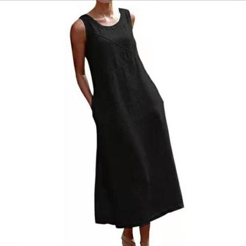 Women's Loose and Slim Mid-length Cotton and Linen Stitching Sleeveless Dress
