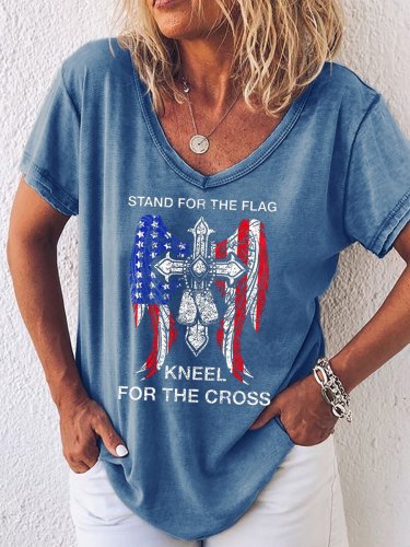 Stand For The Flag, Kneel For The Cross, Casual Loosen T-Shirt