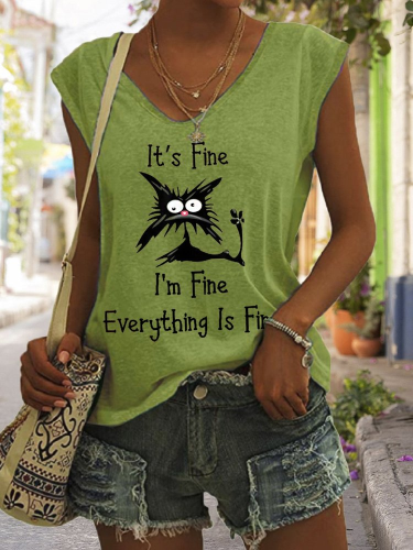 Cotton Animal It's Fine I'm Fine Everything is Fine Cat Print Loose V-Neck Tank