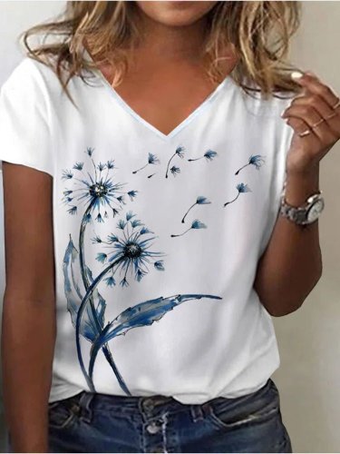 Women's T-Shirts Dandelion Floral Print V-Neck Short Sleeve T-Shirt