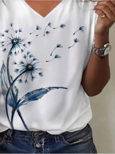 Women's T-Shirts Dandelion Floral Print V-Neck Short Sleeve T-Shirt
