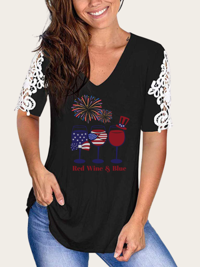 Red Wine and Blue 4th July Celebration With Firework V-Neck Lace Hollow out Short Sleeve T-Shirt