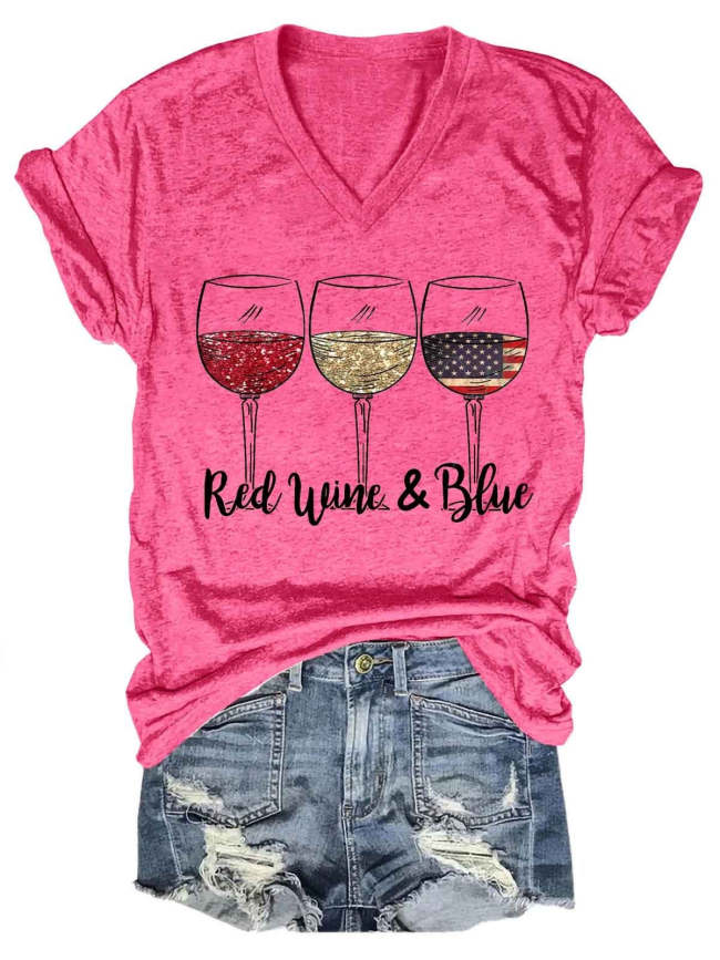 Women's Red Wine & Blue 4th of July V-Neck T-Shirt
