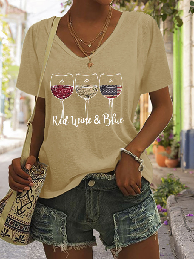 Blue & White Wine Of American Flag To Celebrate the 4th July 2022 Short Sleeve Casual Graphic T-shirt