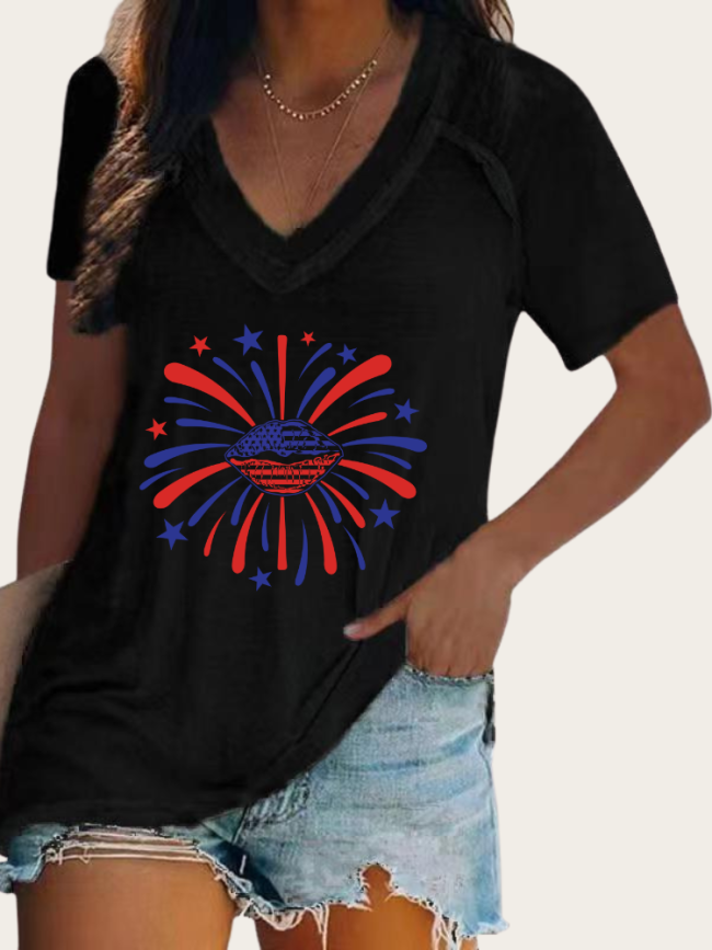 4th July Celebration With Firework Casual V-Neck Loose Short Sleeve T-Shirt Top