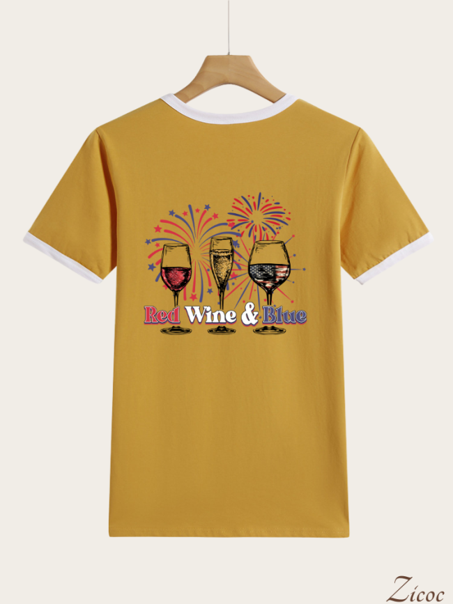 Red Wine and Blue 4th July Celebration With Firework Crew Neck Short Sleeve T-Shirts