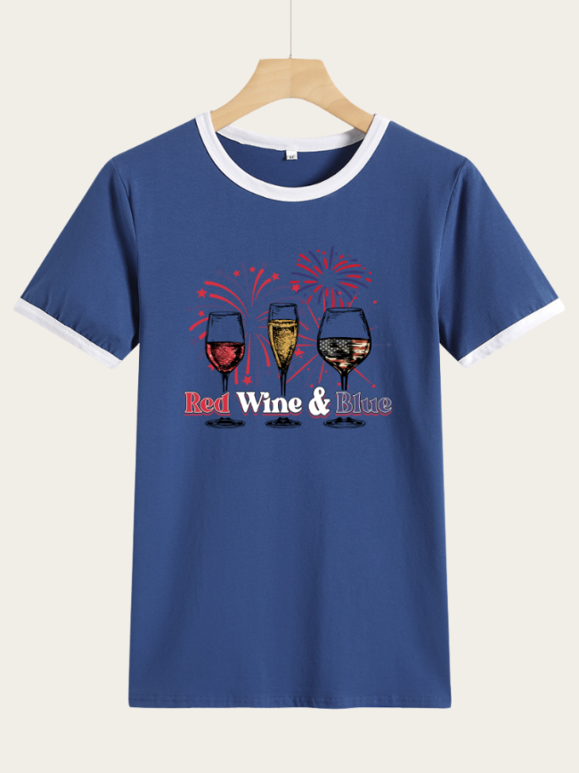 Red Wine and Blue 4th July Celebration With Firework Crew Neck Short Sleeve T-Shirts