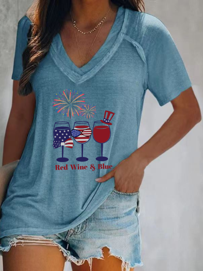Red Wine and Blue 4th July Celebration With Firework Casual V-Neck Loose Short Sleeve T-Shirt Top