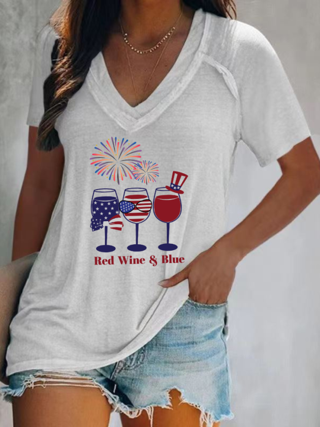 Red Wine and Blue 4th July Celebration With Firework Casual V-Neck Loose Short Sleeve T-Shirt Top