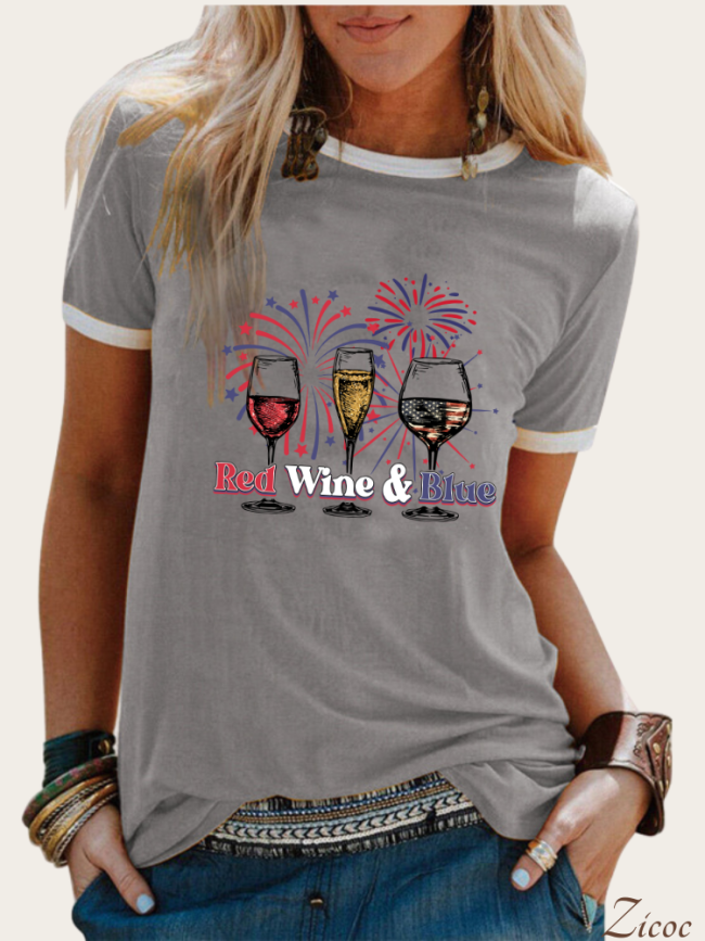 Red Wine and Blue 4th July Celebration With Firework Crew Neck Short Sleeve T-Shirts