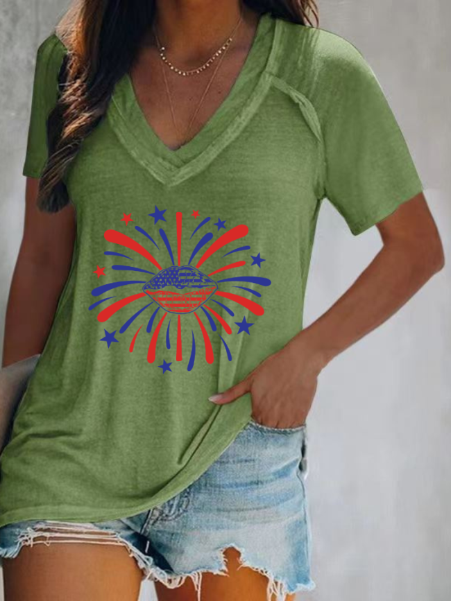 4th July Celebration With Firework Casual V-Neck Loose Short Sleeve T-Shirt Top