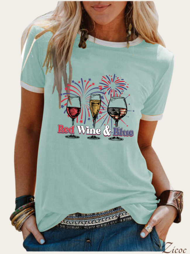 Red Wine and Blue 4th July Celebration With Firework Crew Neck Short Sleeve T-Shirts