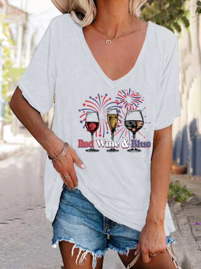 Red Wine and Blue 4th July Celebration With Firework Casual Deep V Neck Short Sleeve T-Shirt