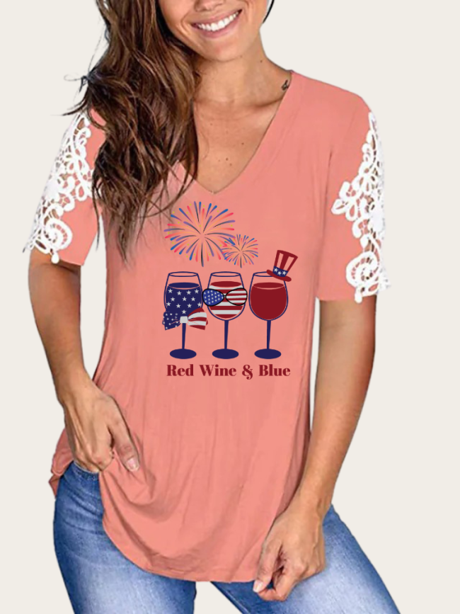 Red Wine and Blue 4th July Celebration With Firework V-Neck Lace Hollow out Short Sleeve T-Shirt