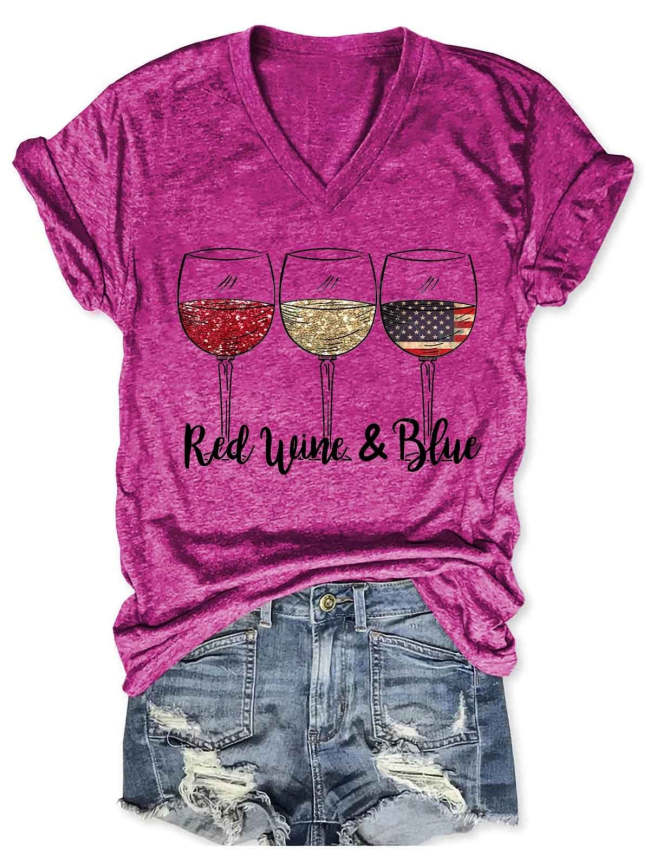 Women's Red Wine & Blue 4th of July V-Neck T-Shirt