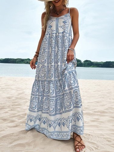 Women's Dresses Loose Boho Print Sling Sleeveless Dress