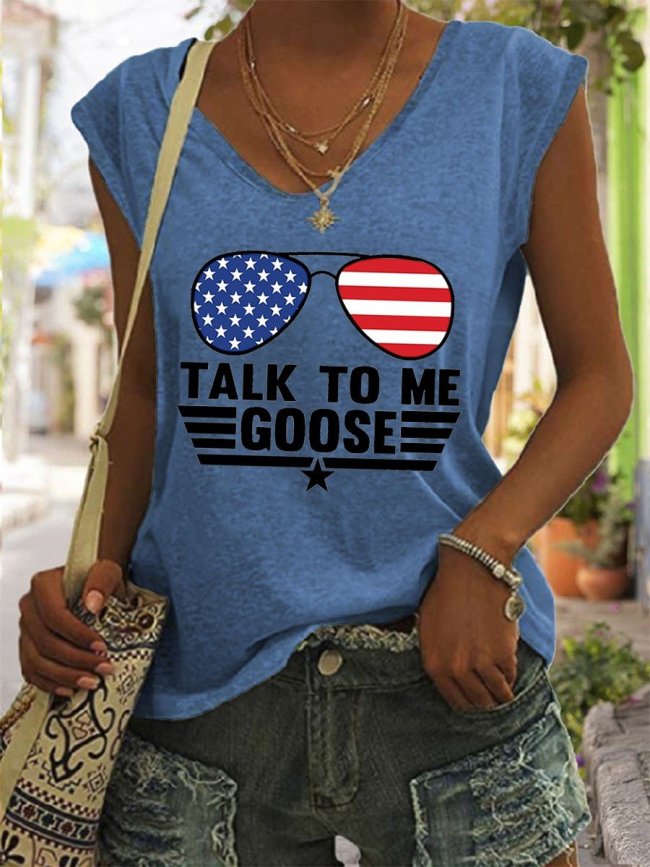 Women's Talk To Me Goose USA Flag Glasses V-Neck Tank Top