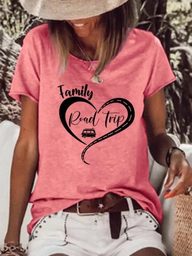 Family Road Trip Cotton Blends Round Neck Letter Short Sleeve T-Shirt