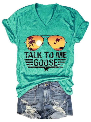 Women's Talk To Me Goose Top Gun American  Flag Glasses V-Neck T-Shirt