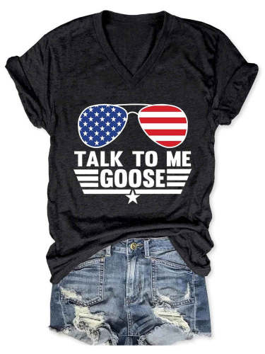 Women's Talk To Me Goose Top Gun USA Flag Glasses Printed V-Neck T-Shirt