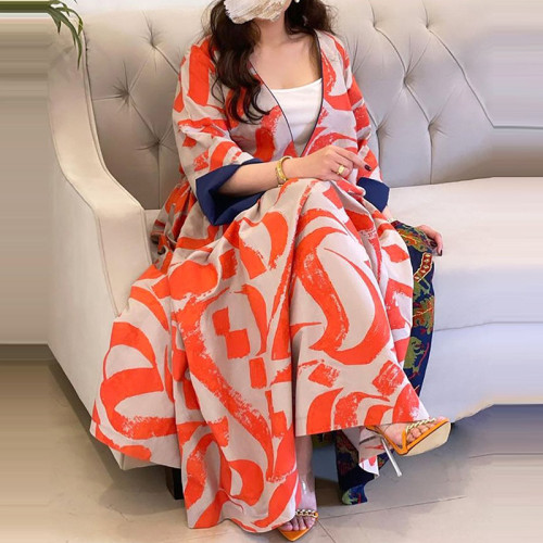 Middle East Dubai spot wholesale long high-end V-neck printed three-quarter sleeve Dress