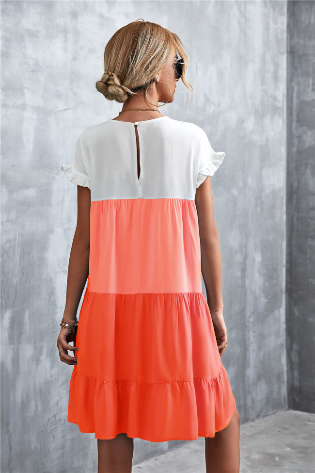 Light & Orange Color Block Ruffle-Accent Shift Mini Dress Women Sweet Beach Dresses