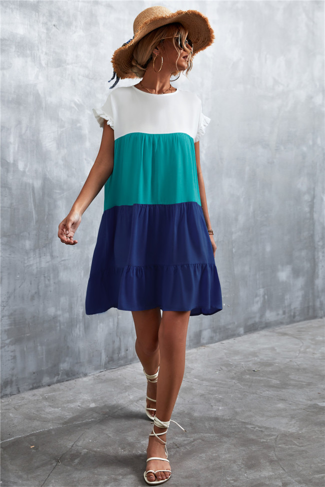 Green & Blue Color Block Ruffle-Accent Shift Mini Dress Women Sweet Beach Dresses