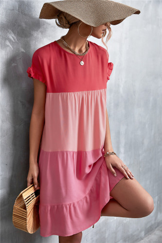 Orange & Pink Color Block Ruffle-Accent Shift Mini Dress Women Sweet Beach Dresses