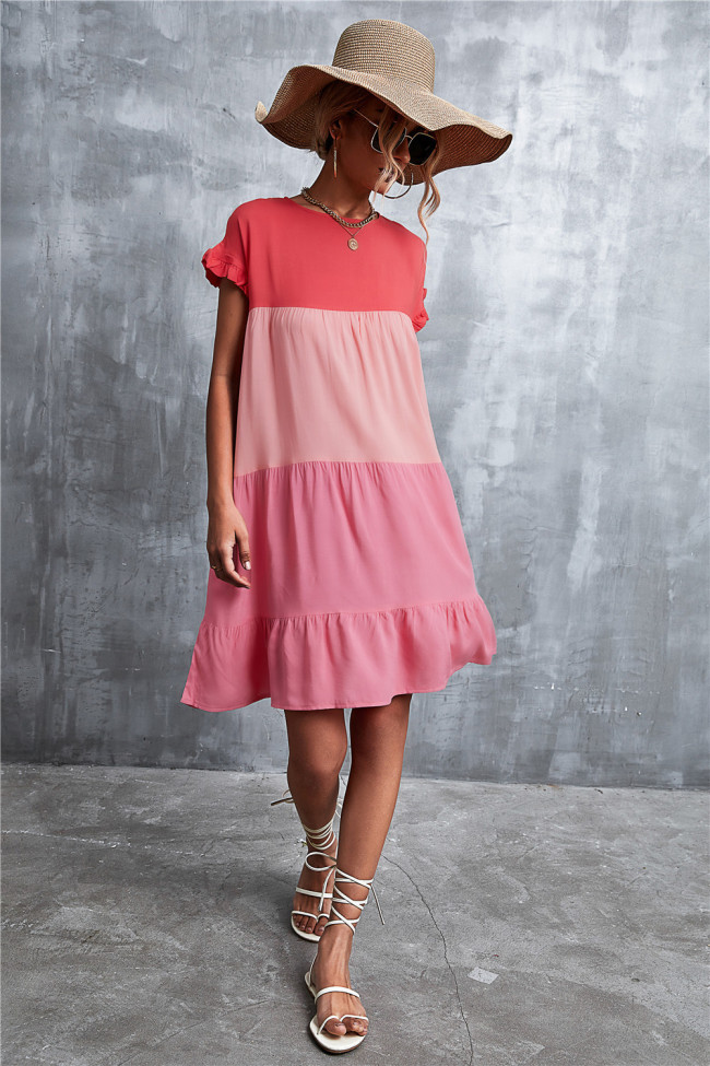 Orange & Pink Color Block Ruffle-Accent Shift Mini Dress Women Sweet Beach Dresses