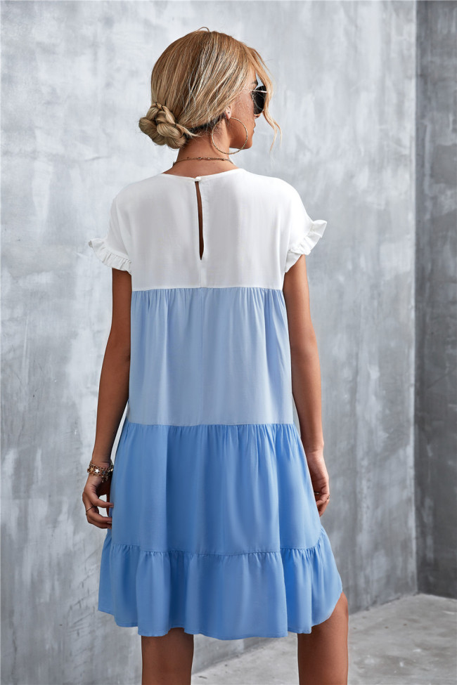 Light & Blue Color Block Ruffle-Accent Shift Mini Dress Women Sweet Beach Dresses