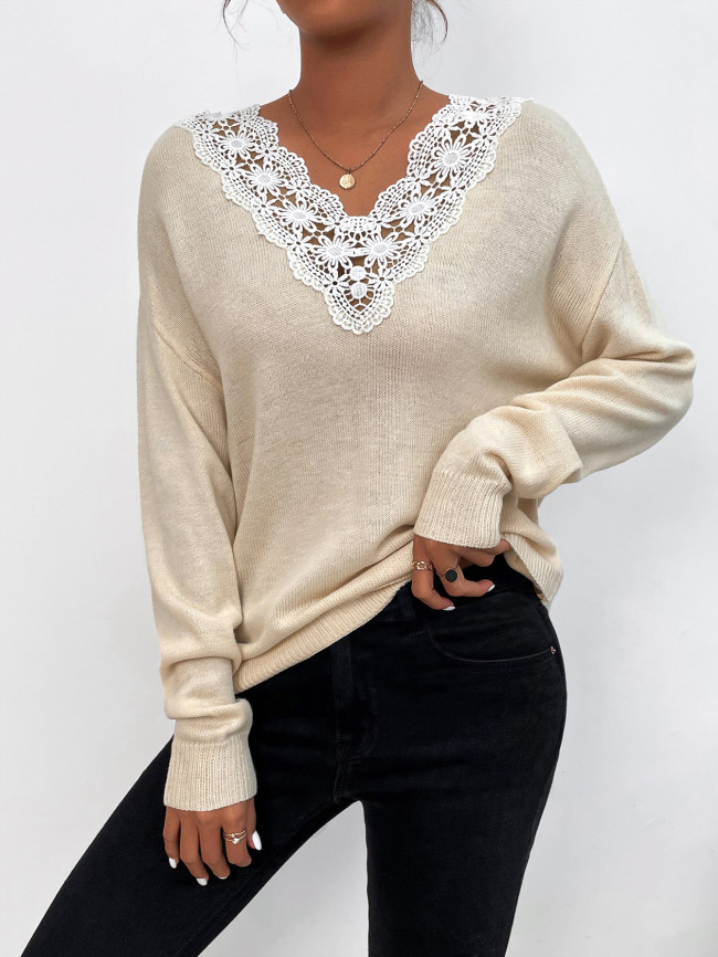 Lace V-Neck Irregularly Loose Pullover Sweater Long Sleeve Sweater