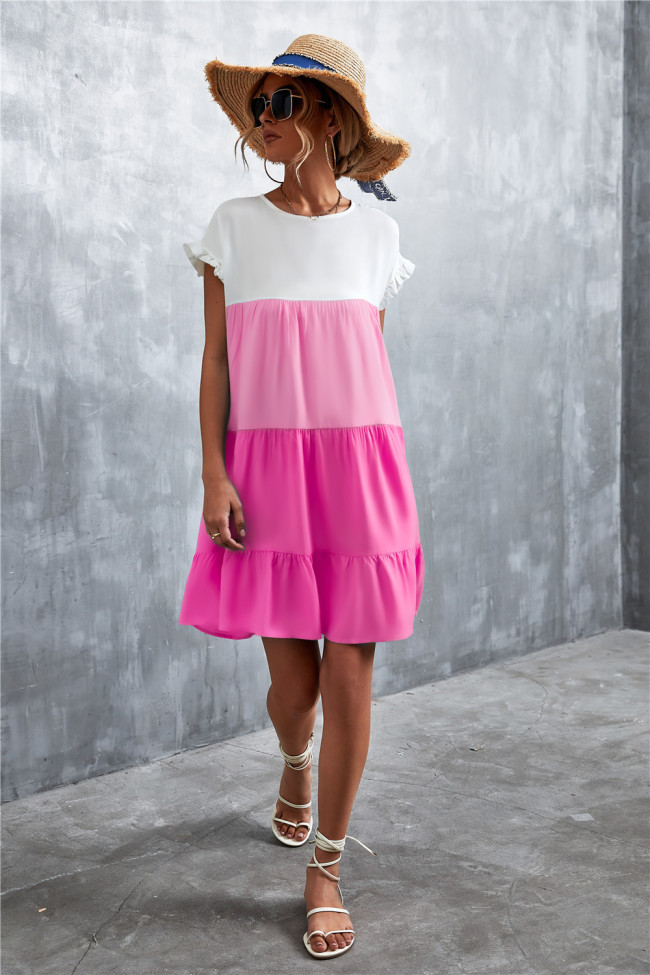 Pink & White Color Block Ruffle-Accent Shift Mini Dress Women Sweet Beach Dresses