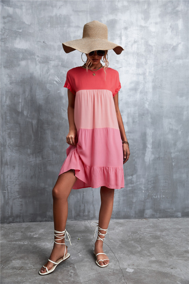 Orange & Pink Color Block Ruffle-Accent Shift Mini Dress Women Sweet Beach Dresses