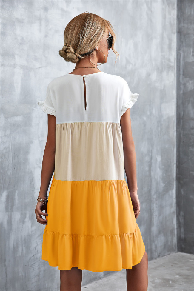 White & Yellow Color Block Ruffle-Accent Shift Mini Dress Women Sweet Beach Dresses