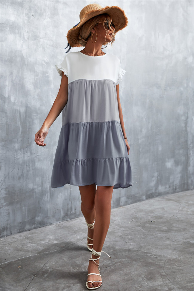 Light & Grey Color Block Ruffle-Accent Shift Mini Dress Women Sweet Beach Dresses