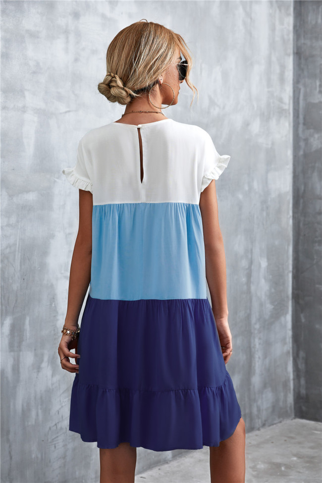 Dark & Blue Color Block Ruffle-Accent Shift Mini Dress Women Sweet Beach Dresses