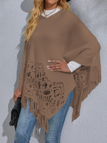 Hollow Out Tassel Shawl Sweater Long Sleeve Pullover Sweater
