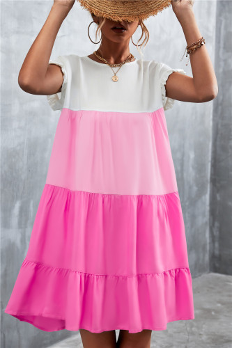 Pink & White Color Block Ruffle-Accent Shift Mini Dress Women Sweet Beach Dresses