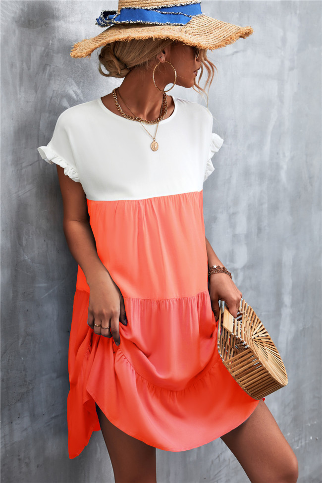 Light & Orange Color Block Ruffle-Accent Shift Mini Dress Women Sweet Beach Dresses