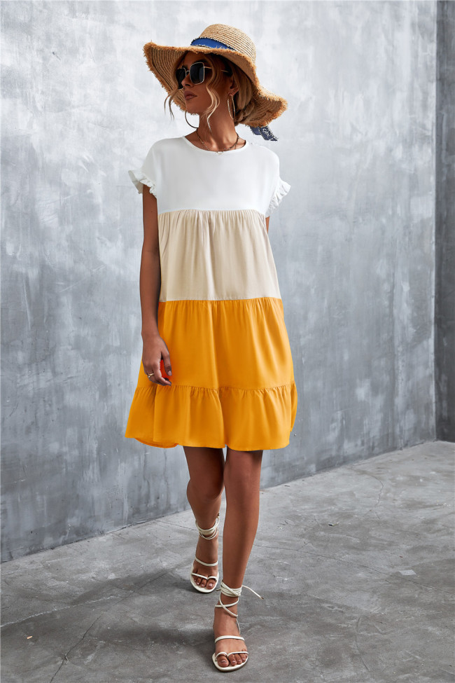 White & Yellow Color Block Ruffle-Accent Shift Mini Dress Women Sweet Beach Dresses