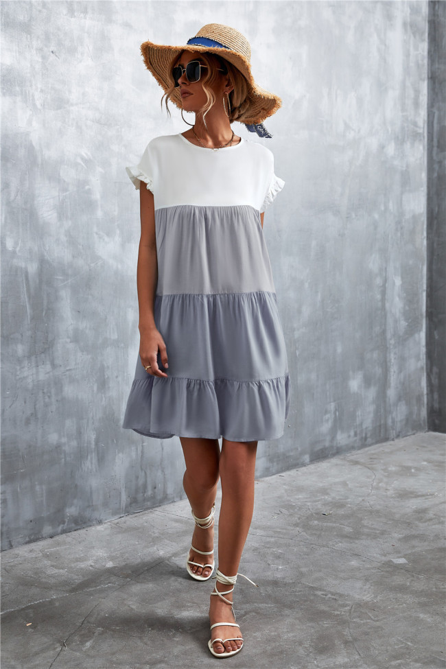 Light & Grey Color Block Ruffle-Accent Shift Mini Dress Women Sweet Beach Dresses