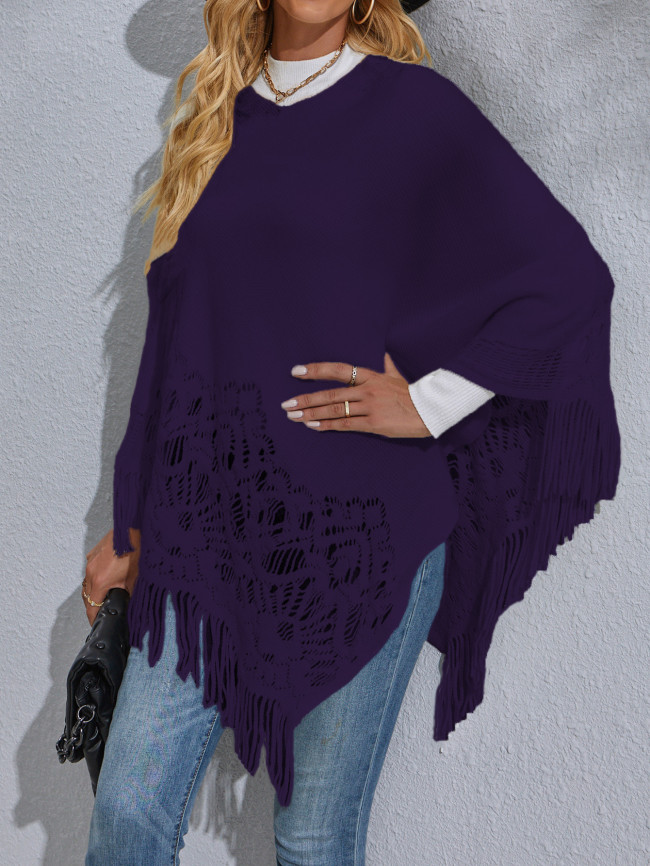 Hollow Out Tassel Shawl Sweater Long Sleeve Pullover Sweater