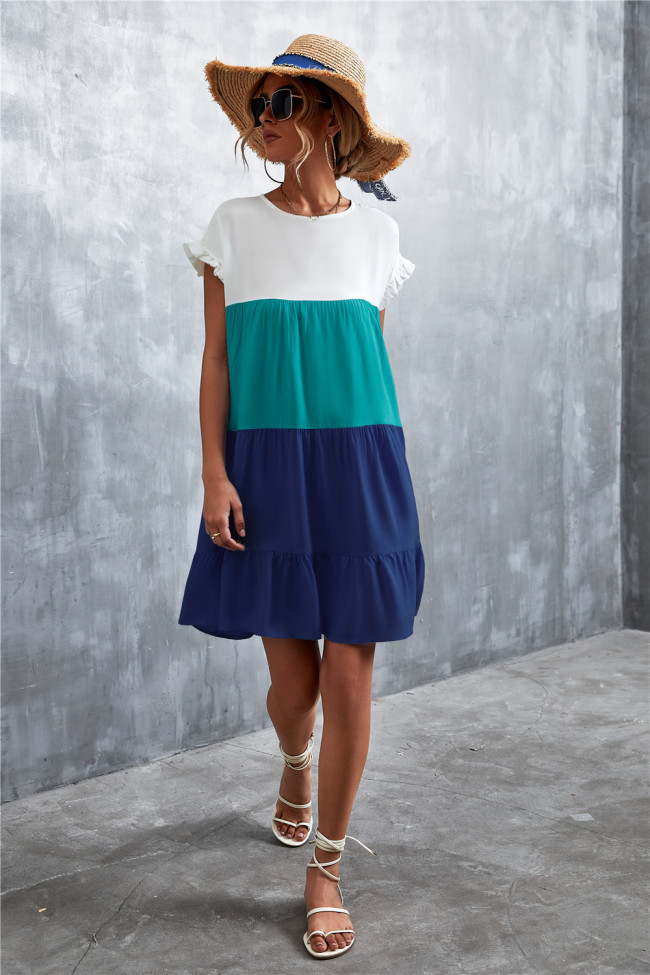 Green & Blue Color Block Ruffle-Accent Shift Mini Dress Women Sweet Beach Dresses