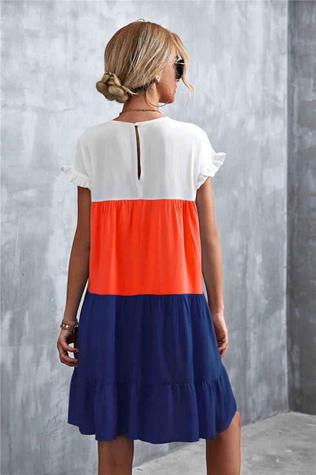 Orange & Blue Color Block Ruffle-Accent Shift Mini Dress Women Sweet Beach Dresses