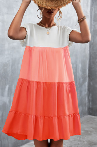 Light & Orange Color Block Ruffle-Accent Shift Mini Dress Women Sweet Beach Dresses