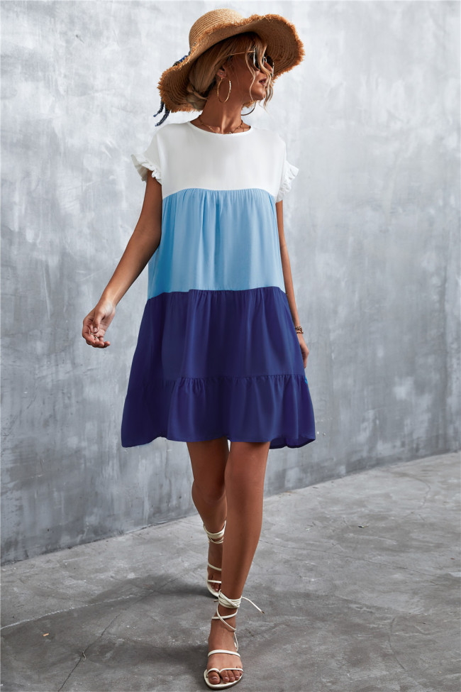 Dark & Blue Color Block Ruffle-Accent Shift Mini Dress Women Sweet Beach Dresses