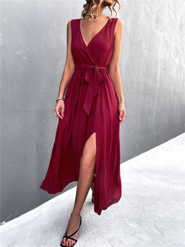 V-Neck Cross Tie Sleeveless Split Dress Sexy Party Prom Dress