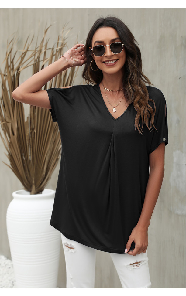 Loose Solid Color Casual Button T-shirt Bat Sleeve T-Shirt Top