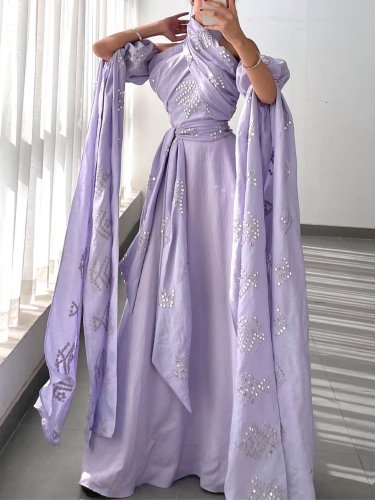 Light purple rhinestone embroidery hanging neck dress