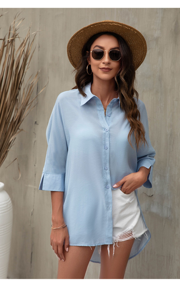 Lapel Solid Color Casual Shirts Three-quarter Sleeves Blouse Top Beach Shirts